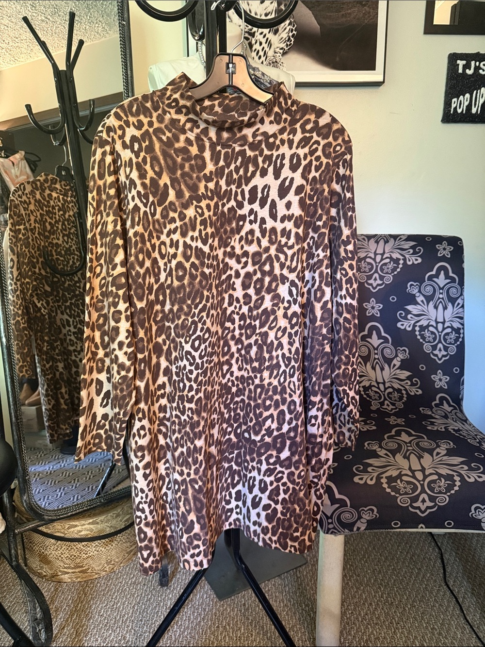 Roaman's Leopard Print Mock Neck Tunic - Brown/Beige